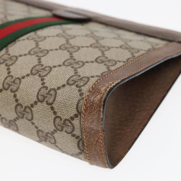 GUCCI GG Canvas Web Sherry Line Clutch Bag PVC Leather Beige Green Auth 90836 - Picture 14 of 16